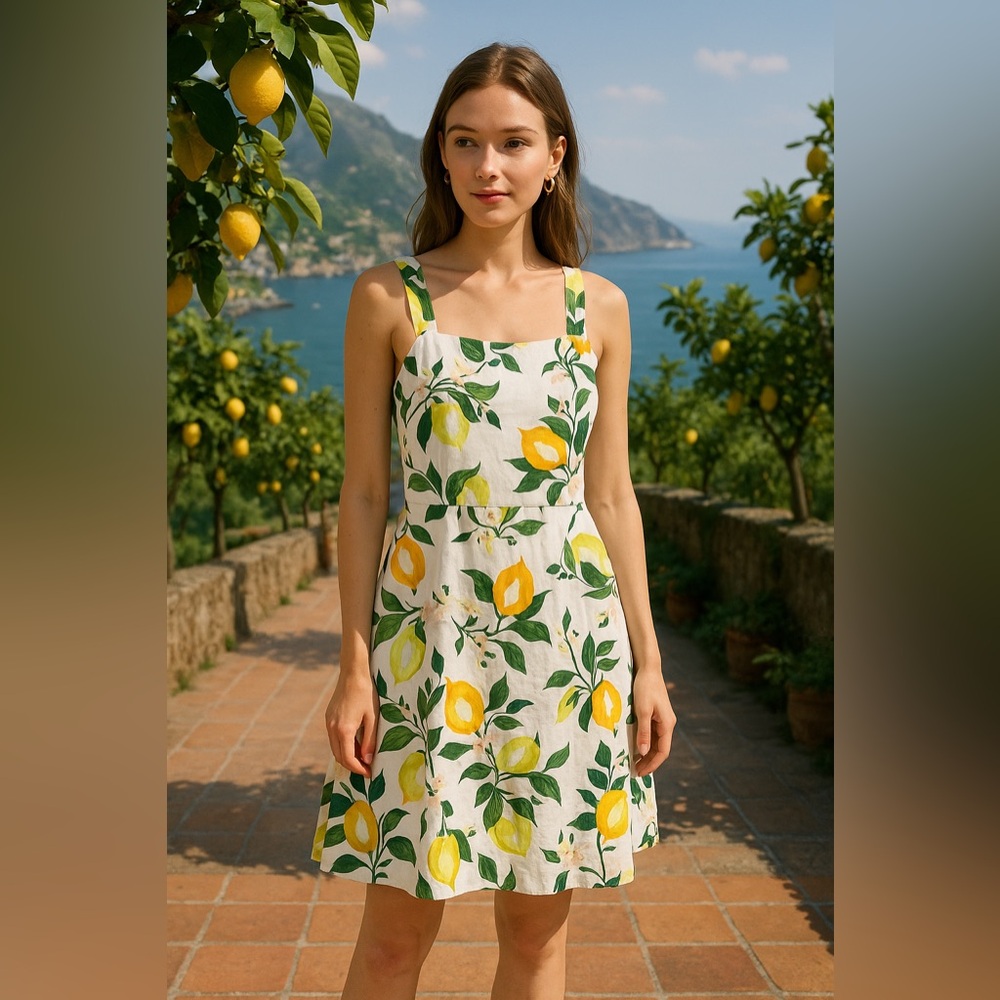 Ann Taylor Factory Lemon Print Linen Blend Dress White Green Yellow Floral Sz 0